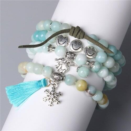 Natural Blue Amazonite Stone Beads Bracelet Lotus Smiley Snowflake Charm Styles Meditation Bracelets Women Men Exquisite Jewelry