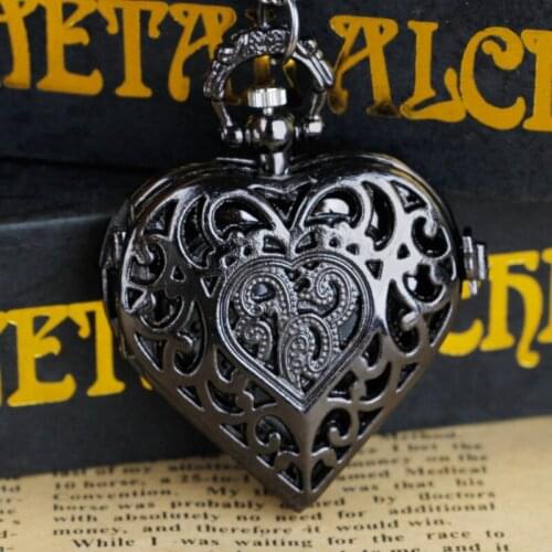 New Fashion Black Hollow Carving Heart Shape Steampunk Quartz Pocket Watches with Fob Chain For Gifts