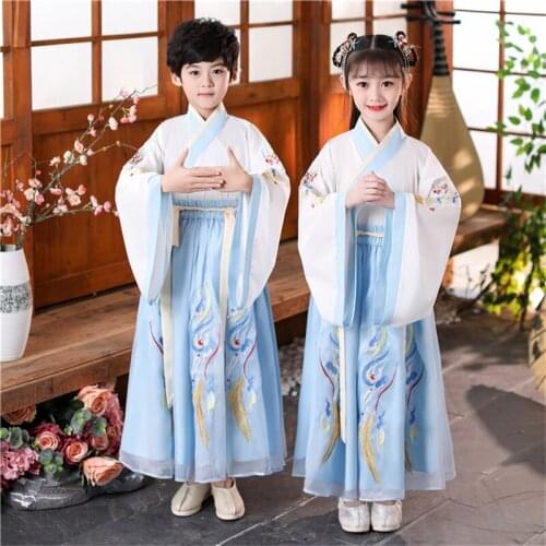 Tang Dynasty Girls Dresses Set Kids Blue HanFu Suit Chinese Ancient Costumes Child Traditional Boys Clothing Hanfu