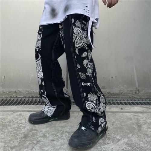 Paisley Oversized Black Jeans Pants Men and Women Hip Hop Baggy Harem Pant Straight Washed Harajuku Denim Trousers Loose Ripped