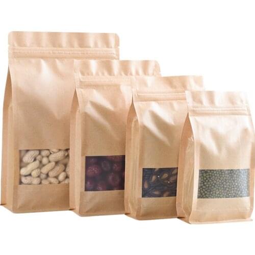 Eco Friendly Flat Bottom Grain Nuts Packaging Brown Paper Package Bag With Window