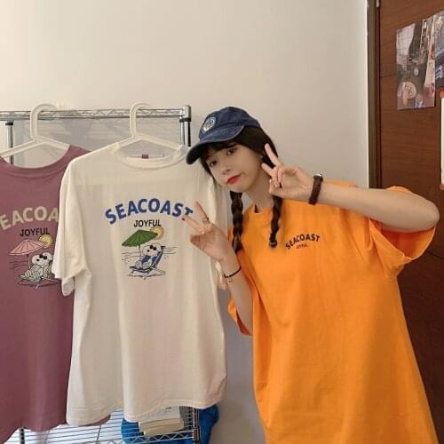 2021 summer new round neck cartoon print cute short-sleeved T-shirt top loose and thin T-shirt college style