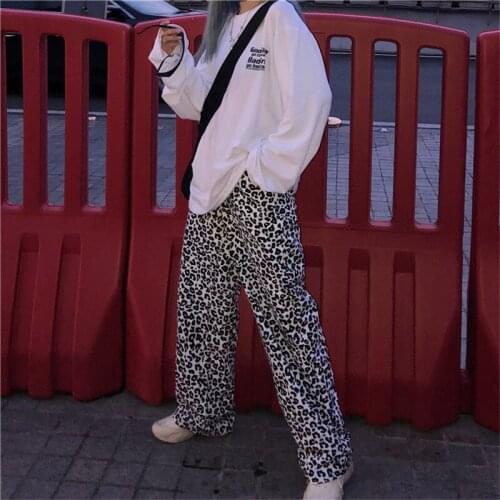 Harajuku hip hop fun Cotton Straight Women pants new fashion large size loose casual female wide leg pants Vintage leopard pants