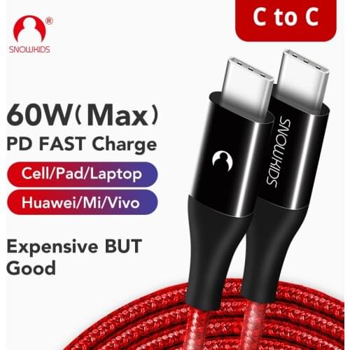 Snowkids 60W USB C to USB C Cable PD QC 2.0/3.0 Fast Charge Data Cable for MacBook Air Pro Xperia Pixel P30 Mate20 Mi9 Lumi