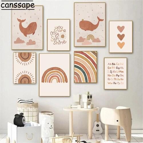 Nursery Wall Art Canvas Painting Sun Rainbow Posters Whale Print Alphabet Poster Boho Wall Paintings Baby Bedroom Decoration