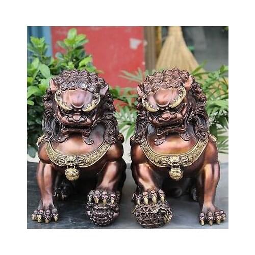 28cm Chinese Bronze Gilt Guardian Foo Fu Dog Hold Ball Door Lion Kid Statue Pair