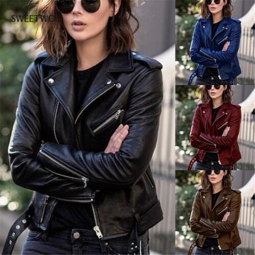 Punk Women Cool Faux Leather Jacket Long Sleeve Zipper Fitted Coat Fall Short Jacket Solid Lapel Female Moto Biker Jackets 2021