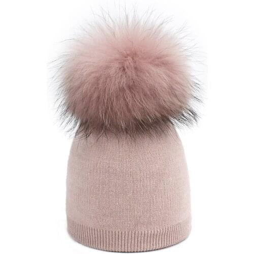 Fashion Children Hat Real Fur Pom skullies Beanies Caps Winter Warm Real Fur Pompom Beanie Hats For Women Thick Female Child Cap