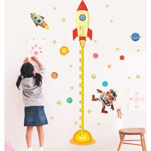Cartoon Rocket Planet Wall Sticker DIY Monkey Height Measure Decals for Kids Room Baby Nursery Growth Chart Decor
