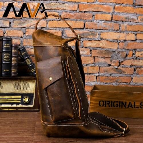 MVA Personality Mad Horse Leather Man Single Shoulder Bag Crazy Horse Leather Daypack Travel Bag Handmade Vintage Backpack Bags