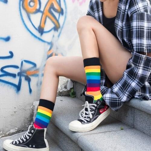 1 Pair New Cotton Elasticity Sweat Women Long Sock Candy Colors Rainbow Striped Sporty Meias Retro Harajuku Casual Socks 35-40