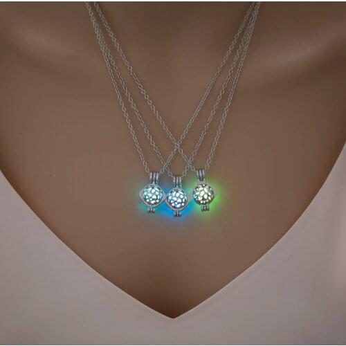 New Glowing in the Dark Jewelry with Silver Color Luminous Stone Hollow Out Locket Pendant Necklace for Women Men
