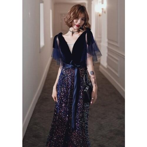Charming Velvet Sequins Evening Gown Unique Tulle Sleeves V Neck Long Prom Dress Custom Made