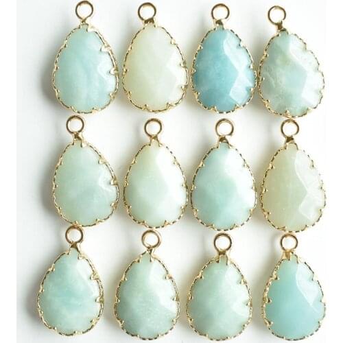 Wholesale 12pcs/lot New Natural amazonite stone section water drop shape gold color Connector pendants for jewelry making free