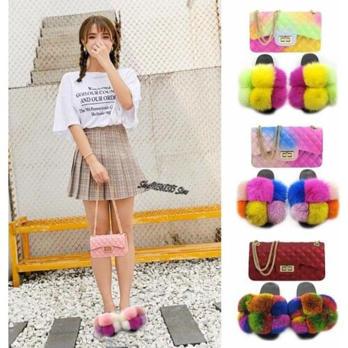 Ladies Real Fox Fur Slippers Woman Fur Slides Rainbow Shoes Womens Furry Cute Fur Flip Fops Matte Jelly Bags Set Fashion Bag