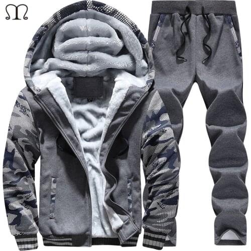 Tracksuit Men Camouflage Army Casual Hooded Warm Sweatshirt Male Winter Thick Inner Fleece 2PC Jacket+Pant Men Moleton Masculino