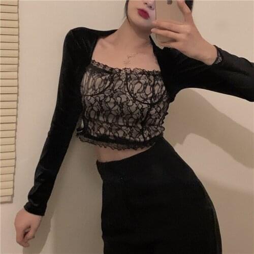 WKFYY Women Autumn Elegant Lace Velvet Spliced Square Collar Ruffles Long Sleeve Pullover Skinny Short Shirt Blouse Tops B4027
