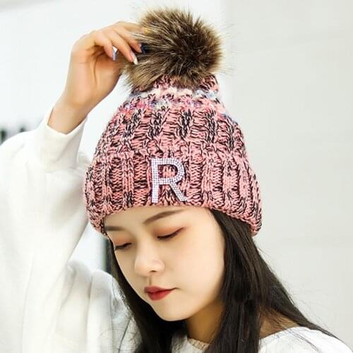 Women Winter Cap Stuffed Knit Thick Folds Warm Beanies Earmuffs Pom Poms Knitted Hat Ball Skullies