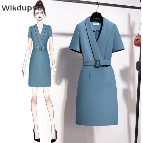 Spring Summer Formal Office Lady Dress Elegant Sheath Work Business Pencil Dress Women Short Sleeve Blazer Style Dresses Vestido