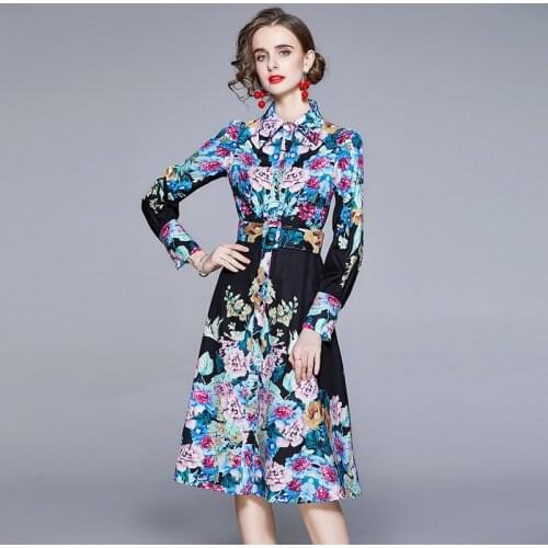 JSXDHK New Arrivals Summer Flower Printed Shirt Dress Elegant Women Single Breasted Long Sleeve Floral Holiday Dresses With Belt