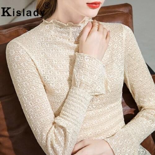 2020 Winter Sexy Lace Patchwork Women Shirts Flare Sleeve Turtleneck Transparent Mesh Tops Shirt Korean Hollow Out OL Clothes