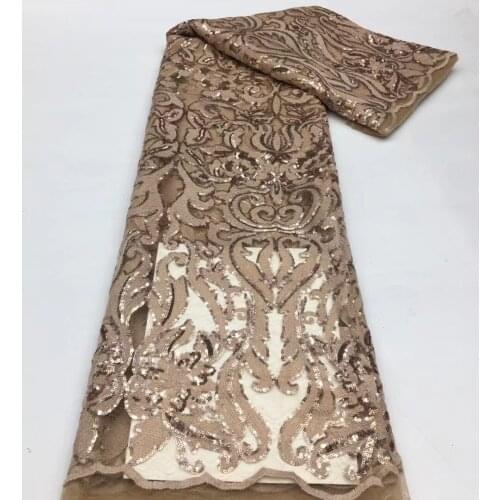 5yards/pc) High quality champagne color African tulle lace embroidered sequins French net lace fabric for party dress FSS359