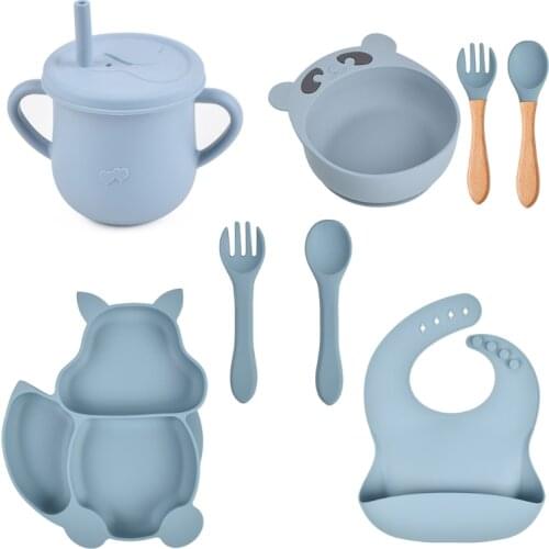 8 Pcs Baby Silicone Bib Divided Dinner Plate Sucker Bowl Spoon Fork Straw Cup