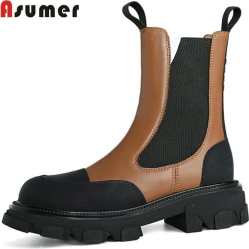 Asumer Genuine Leather Shoes Elastic Band Square Heels Ankle Boots Platform Casual Ladies Boots Winter Retro Concise Hand Made