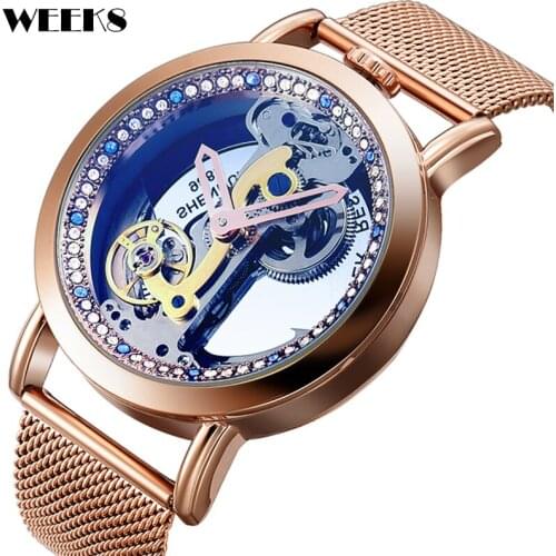 Rose Gold Metal Automatic Mechanical Watch for Men Transparent Dial Diamond Mens Wristwatch Selfwind Brown Leather Male Watches