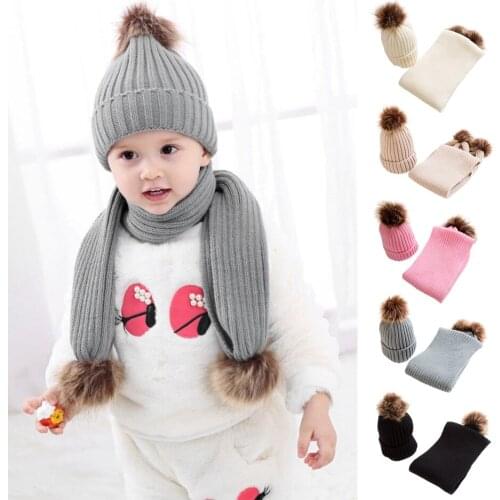1-4 Years Baby Winter Warm Set Children Newborn Solid Color Acrylic Scarf Knitted Hat 2-piece Set Toddler Baby Fashion Scarf Hat