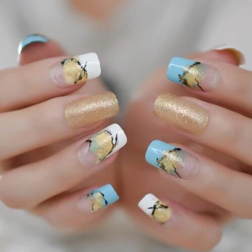 Medium Long Square Fake Nails Gold Glitter Shimmer Marble Nail Art Tips Manicure Tip for Fingernails with Glue Sticker