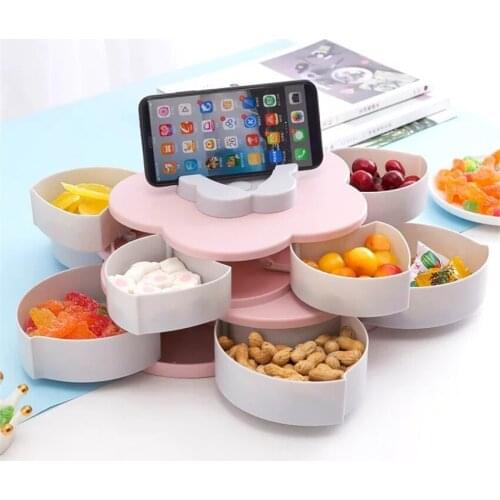 Double-deck Rotary Mobile phone Bracket Storage Box Flower Design Snack Candy Box Organizer Cosmetic Solid Fruit Storage Box Box