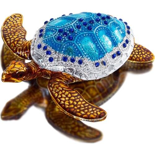 H&D Sea Turtle Figurine Collectible Hinged Trinket Box Bejeweled Hand-Painted Ring Holder Mothers Gift Home Wedding Decoration