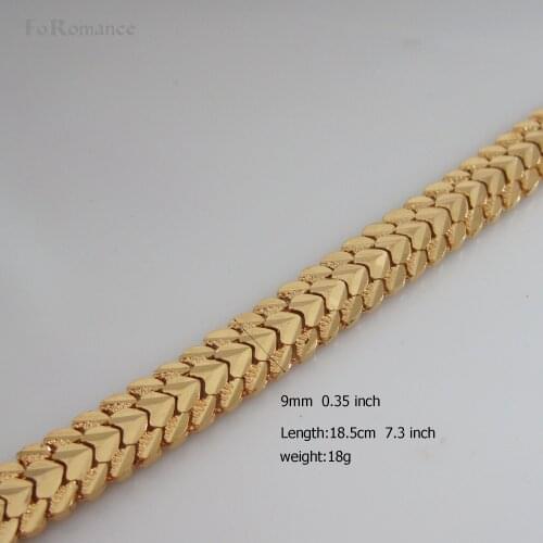 FOROMANCE/ 7.3" LADY YELLOW GOLD GP OVERLAY NUGGET HEART HAND CARVED LINK BRACELET BANGLE 9 MM WIDE CHAIN HIGH SHINNING