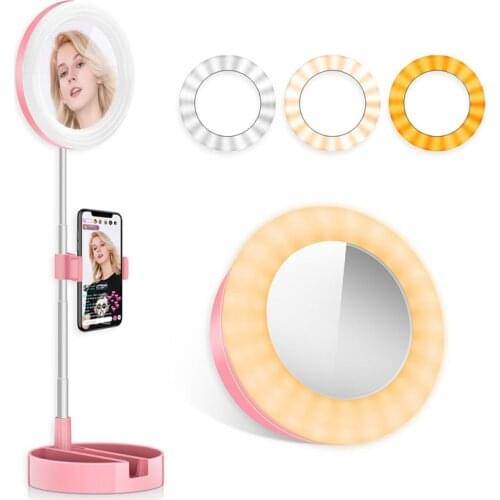 G3 Retractable Ring Lamp With Mirror 6 Inch Mobile Phone Holder LED Live Photography Fill Light Makeup Table Beauty Vanity Light