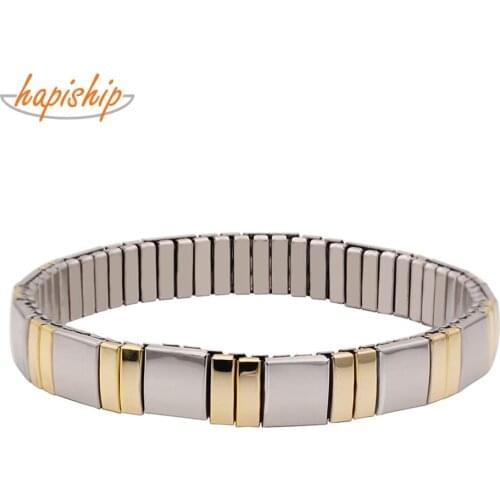 Hapiship 2019 Latest Trend Among Western 9mm 18cm Women Mens Elastic Stainless Steel Cool Gold Bracelet Bangle MY07