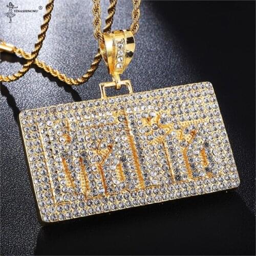 Hip Hop Gold Color Square Bling Full Rhinestoned Ice Out Rope Chain Pendants & Necklaces For Men Rapper Jewelry Pingente Fashion