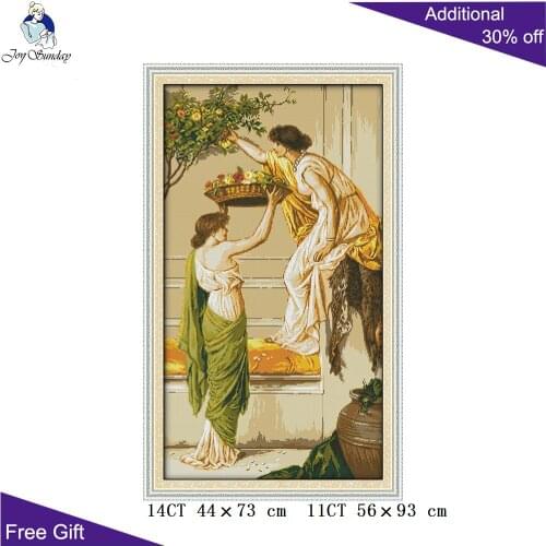Joy Sunday Flower Women R490 Counted Stamped Home Decor Flowers Picking Beauty Needlework Embroidery DIY Cross Stitch kits