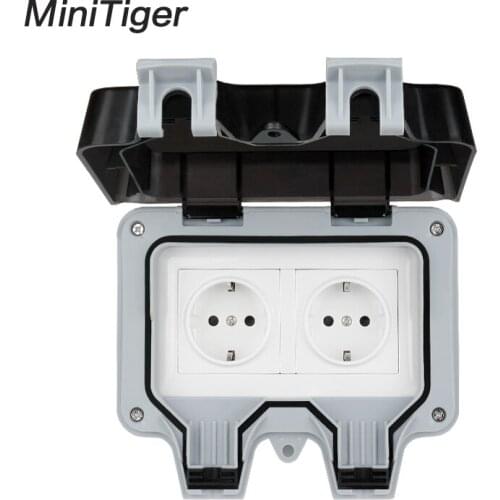 Minitiger IP66 Weatherproof Waterproof Outdoor Wall Power Socket 16A Double EU Standard Electrical Outlet Grounded AC 110~250V