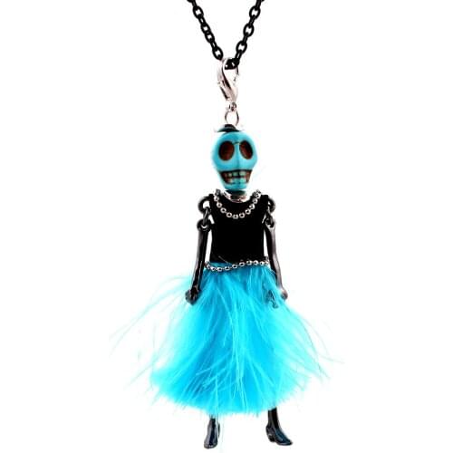 New arrival PARIS Handmade Dance Doll Pendants Necklace Halloween Skull necklace Fashion women Blue Feather necklace charms