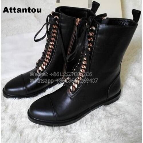 New Fashion Black PU Leather Lace Up Martin Boot Woman Round Toe Riding Boots Designer Chain Motorcycle short Booty