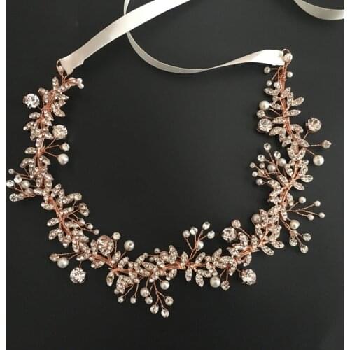 SLBRIDAL Rose Gold Wired Rhinestones Crystals Pearls Flower Wedding Headband Bridal Hair Vine Hair Accessories Bridesmaids Women