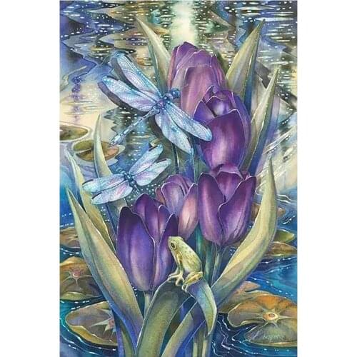 Pond Purple Flowers Dragonfly Diamond Painting Round Full Drill DIY Mosaic Embroidery 5D Cross Stitch Insect Floral Pattern