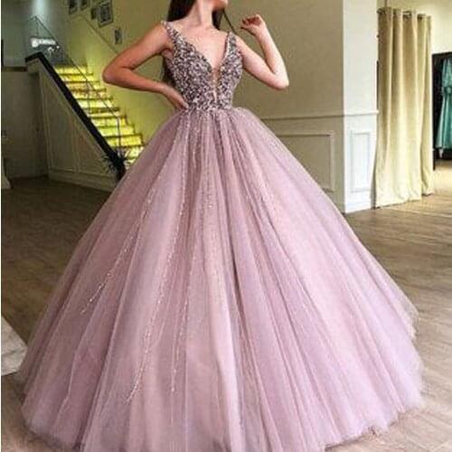 Luxury prom dresses beading crystal squins pearls puffy deep v neck puffy floor length evening gowns dresses 2019