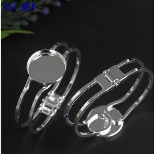 SEA MEW 5 PCS Copper Material Silver Color 25mm Round Cabochon Bangle Base Bracelet Blank Bezel Setting For Jewelry Making