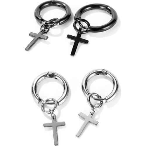 Punk Hoop Earrings for Men Women Stainless Steel Black Color Cross Pendant Circle Ear Jewelry Gift