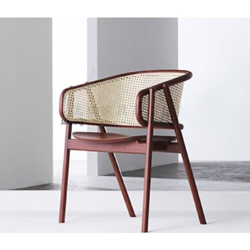 Retro Dining Chairs Kitchen Furniture Armchair Nordic Home Living Room Rattan Woven Solid Wood Backrest Homestay Wicker Chair