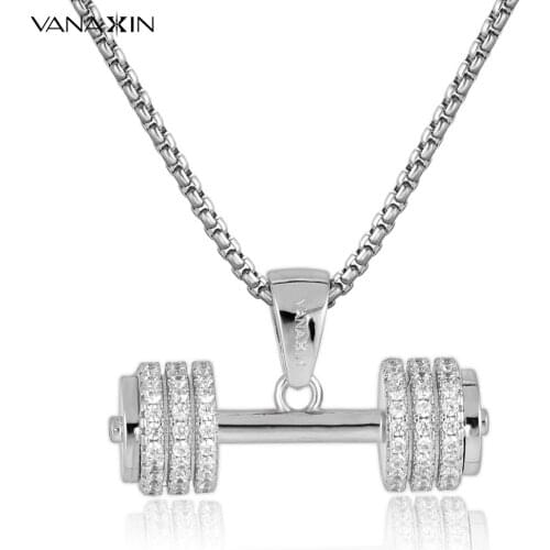 VANAXIN Hiphop Barbell Pendant Necklace Women Iced Out Bling Cubic Zircon Mens Rapper Top Quality Fashion Jewelry 24“ Chain