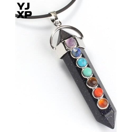 YJXP Simple Blue Sand Stone Hexagonal Pillar Silver Plated 7 Chakra Beads Reiki Healing Balance Pendant Charms Jewelry Gift