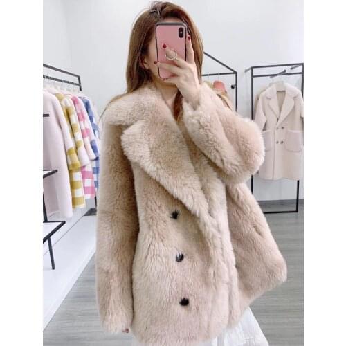 Rf1933 100% Wool Fur Coat Women Shearling Jacket Long Sleeve Faux Suede Lining Ladys Fur Jacket Super Cheap